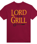 Lord of the Grill" text med grillspade på vinröd t-shirt, humoristisk stil.