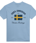 Grafiskt tryck med Sveriges flagga och etableringsår 1523 på ljusblå t-shirt