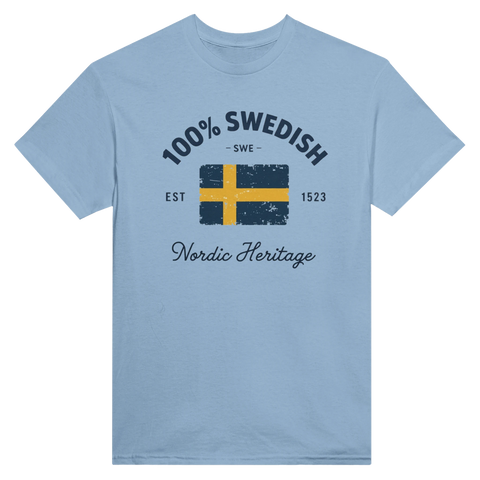 Grafiskt tryck med Sveriges flagga och etableringsår 1523 på ljusblå t-shirt
