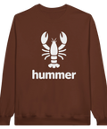 Vit hummer-siluett och text "hummer" på en brun sweatshirt.