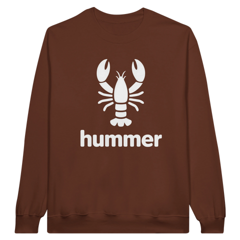 Vit hummer-siluett och text "hummer" på en brun sweatshirt.
