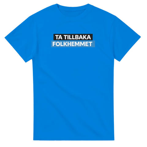 Blå t-shirt med svenskt politiskt citat och minimalistisk textdesign