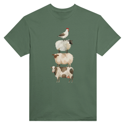 Stapel av bondgårdsdjur: tupp, svart får, brunt får, ko i akvarellstil på grön t-shirt.