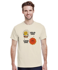 Dålig dag varje dag t-shirt med retro trött blomma och röd sol symbol på krämfärgad t-shirt.