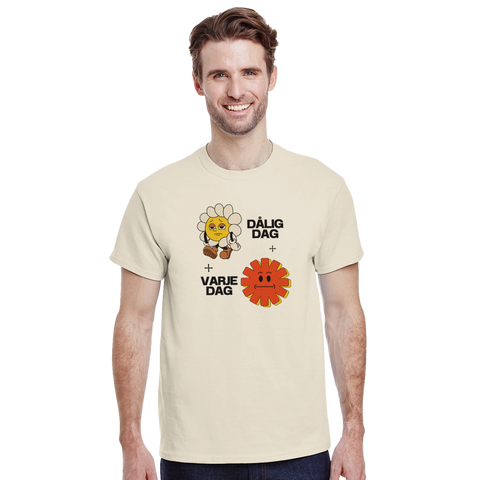 Dålig dag varje dag t-shirt med retro trött blomma och röd sol symbol på krämfärgad t-shirt.
