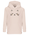 Lekfullt kattmotiv med rosa kinder tryckt på en beige hoodie för barn