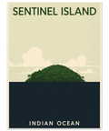 Närbild på en minimalistisk poster med texten Sentinel Island och Indian Ocean i stilren vintage-design.