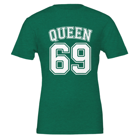 Mörkgrön melerad t-shirt med Queen 69 i klassisk amerikansk blockstil