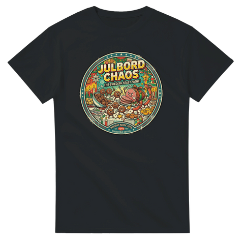 Retro illustration av ett kaotiskt svenskt julbord – humoristisk t-shirt