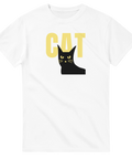 vit t-shirt Cat med svart katt och gul text