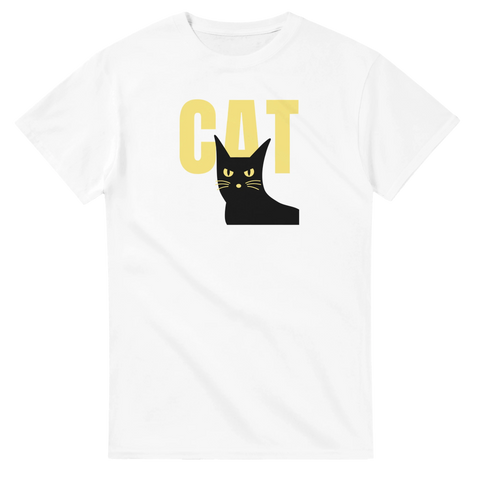 vit t-shirt Cat med svart katt och gul text