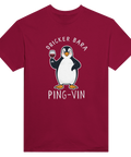 Vinröd t-shirt med illustrerad pingvin i en lättsam och rolig design