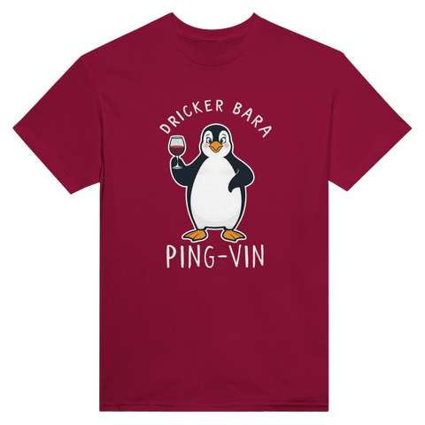 Vinröd t-shirt med illustrerad pingvin i en lättsam och rolig design