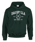 Dagsfylla University-logga med lagerkrans på mörkgrön hoodie, framifrån.