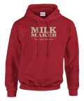 Röd hoodie med kaxig typografi och texten Milk Maker