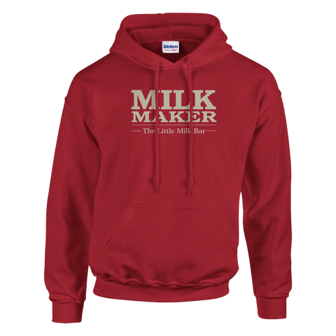 Röd hoodie med kaxig typografi och texten Milk Maker