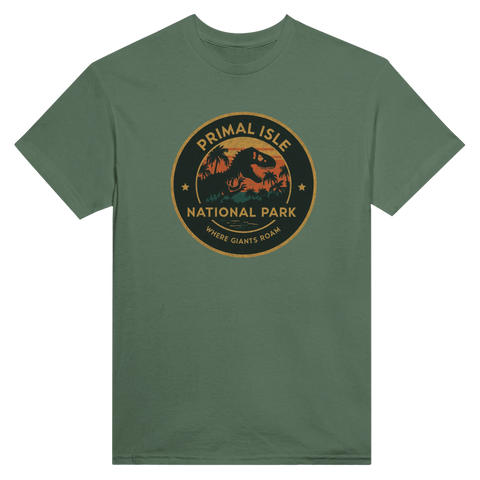 Primal Isle National Park logotyp med förhistoriskt motiv – dinosaurie t-shirt