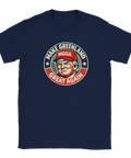 Satirisk illustration av Donald Trump i MGGA-keps på marinblå t-shirt