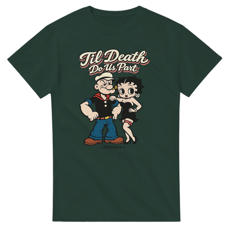 Mörkgrön t-shirt med vintagedesign föreställande klassiska seriefigurer i rubber hose-stil