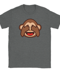 Humoristiskt motiv med en blyg apa tryckt på en mörkgrå t-shirt
