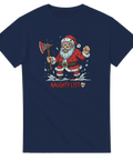 Seriemördare-tomte med blodig yxa och texten "Naughty List" på marinblå t-shirt.
