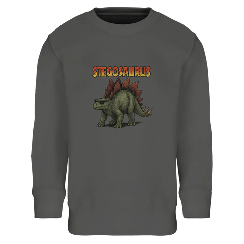 Stegosaurus med solglasögon och "STEGOSAURUS" text på mörkgrå barntröja.