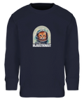 Lekfull illustration av en kattastronaut tryckt på marinblå sweatshirt