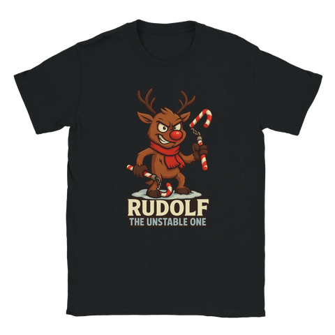Rolig jul t-shirt i svart med Rudolf som aggressiv ren i retrostil