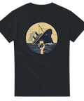 Grafiskt tryck med samhällskritik och smartphone framför sjunkande skepp – svart t-shirt