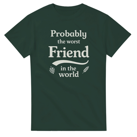 Mörkgrön t-shirt med satiriskt budskap och klassisk logotyp-stil