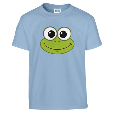 Tecknad Kermit-ansikte med stora ögon och leende på ljusblå barntröja.