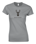 Grå dam-t-shirt med minimalistisk illustration av en kronhjort