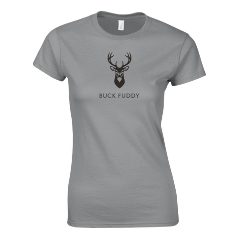 Grå dam-t-shirt med minimalistisk illustration av en kronhjort