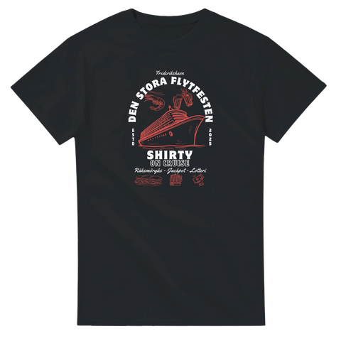 Svart t-shirt med maritimt tryck av kryssningsfartyg och texten Den stora flytfesten