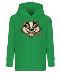 Grön barnhoodie med kaxig Billy Badger illustration och cigarr