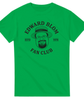 Edward Blom Fan Club-tryck med karikatyr av Blom i stråhatt, på grön T-shirt.