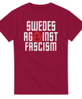 Statement-tryck Swedes Against Fascism med röd cirkel-A på röd bakgrund