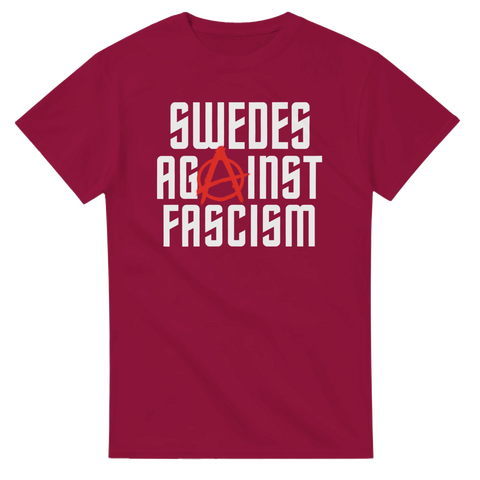 Statement-tryck Swedes Against Fascism med röd cirkel-A på röd bakgrund