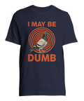 Hypnotiskt cirkelmönster med duva och humoristiskt citat på marinblå t-shirt