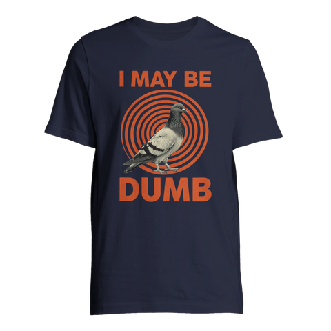Hypnotiskt cirkelmönster med duva och humoristiskt citat på marinblå t-shirt