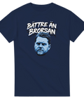 Blåvit text "BÄTTRE ÄN BRORSAN" med porträtt av Zlatan på marinblå t-shirt.