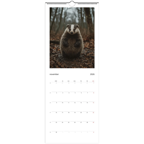 Grävling med strimmigt ansikte i dimmig skog, november 2026 på väggkalender.