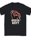 T-shirt med revolutionär illustration av maskerad figur och röd fana