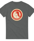 Gråmelerad t-shirt med spetsig grafisk illustration och textdesign