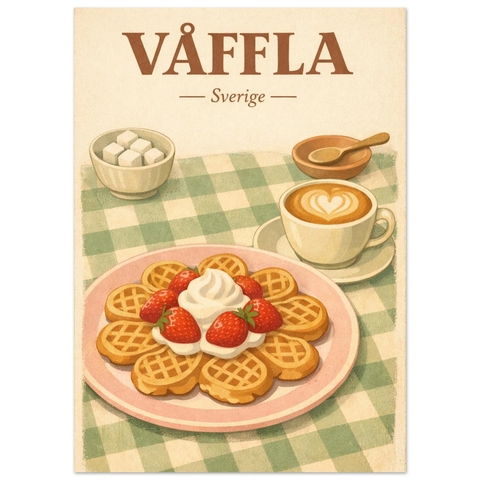Klassisk köksposter med motiv av frasiga våfflor prydda med färska bär och vispgrädde i nostalgisk stil.