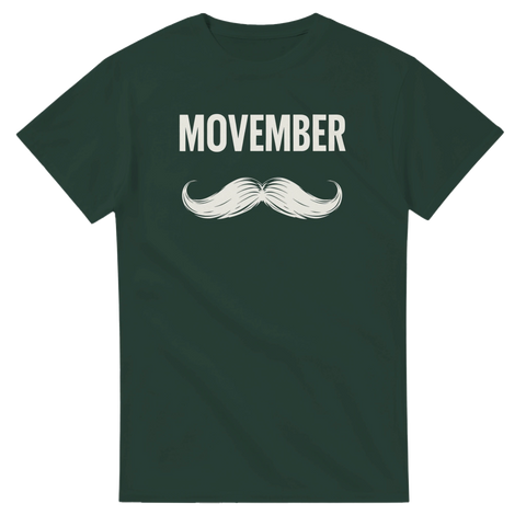 Grafiskt Movember-tryck med klassisk mustasch på mörkgrön t-shirt
