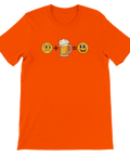 Orange t-shirt med smileys och en ölsejdel som bildar en ekvation.