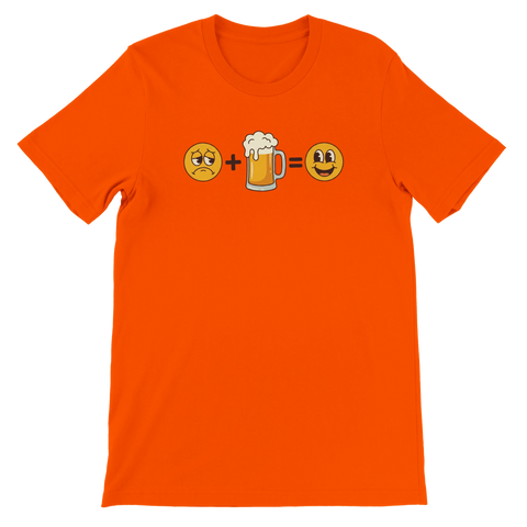 Orange t-shirt med smileys och en ölsejdel som bildar en ekvation.