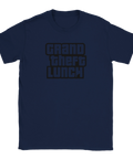 Marinblå t-shirt med minimalistisk och ironisk illustration av lunchkultur