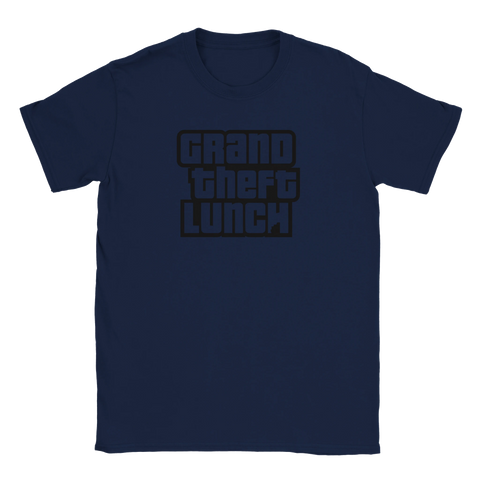 Marinblå t-shirt med minimalistisk och ironisk illustration av lunchkultur